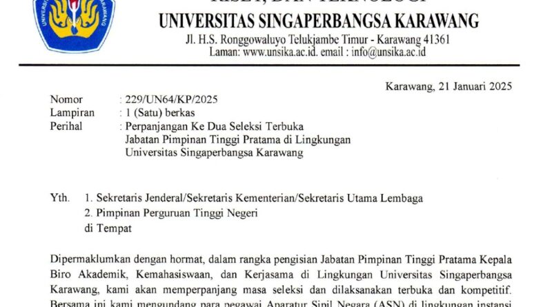 Perpanjangan Ke-1 Seleksi Terbuka JPT Universitas Singaperbangsa Karawang